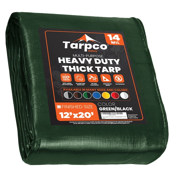 Tarpco Safety Heavy Duty Tarp, 20 ft L x 0.5 mm H x 12 ft W, 14 Mil, Green/Black, Polyethylene TS-103-12X20 - main